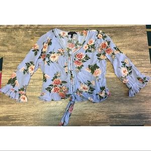 Front Knot Floral Ruffle Bell Sleeve Blouse